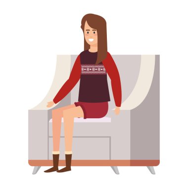 Noel kazağı kanepe vektör çizim tasarım içinde oturan kadınla