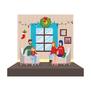 Aile ile Noel dekorasyon vektör çizim oturma içinde