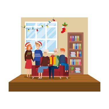 Aile ile Noel dekorasyon vektör çizim oturma içinde