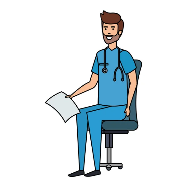医生坐在办公室椅子与医疗命令向量例证 — 图库矢量图片