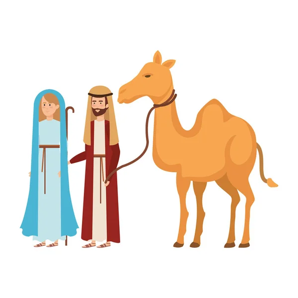 Jungfrau Maria Und Heiliger Josef Mit Kamel Vektor Illustration — Stockvektor