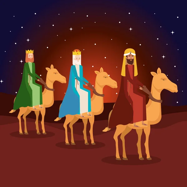 Reyes Sabios Camellos Pesebre Caracteres Vector Ilustración Diseño — Vector de stock