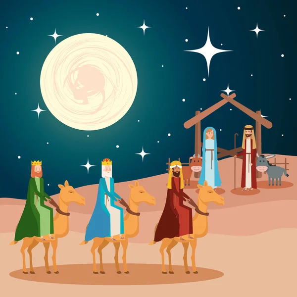 Reyes Sabios Camellos Pesebre Caracteres Vector Ilustración Diseño — Vector de stock