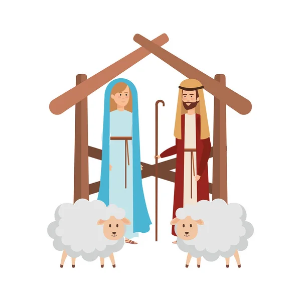 Virgin Mary Saint Joseph Sheeps Vector Illustration Design — Stock Vector