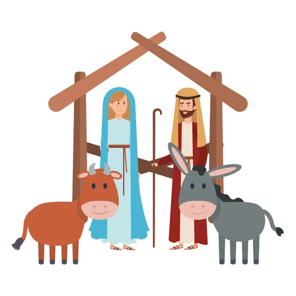 Virgem Mary Santo Joseph Com Animais Desenho Ilustração Vetorial — Vetor de Stock