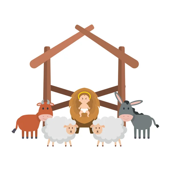 Μωρό Ιησού Στο Στάβλο Μαζί Πρόβατα Και Ζώα Σχεδιασμό Εικονογράφηση — Διανυσματικό Αρχείο