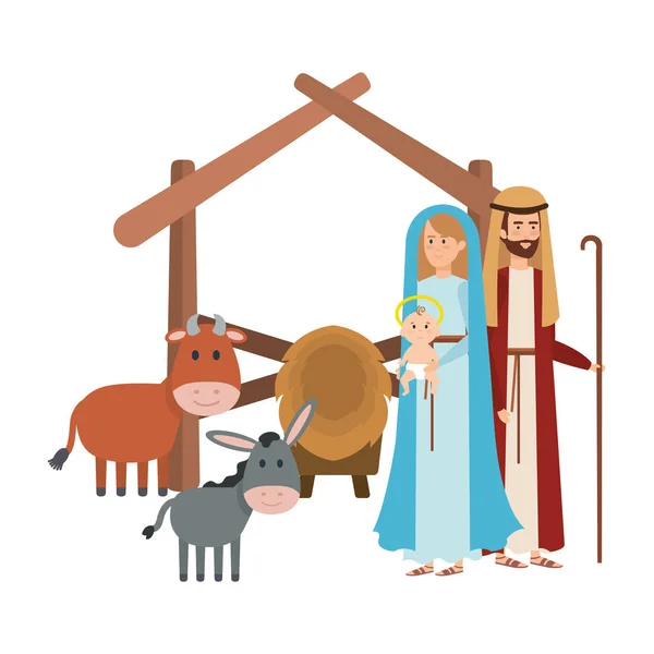 Heliga Familjen Med Mule Och Manger Tecken Vektor Illustration Design — Stock vektor