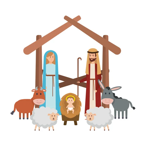 Szent Család Állatok Jászol Karakterekkel Vektoros Illusztráció Design — Stock Vector