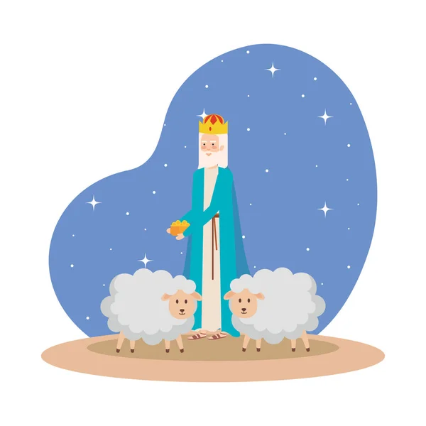 Homme Sage Avec Des Moutons Sur Illustration Vectorielle Nuit — Image vectorielle