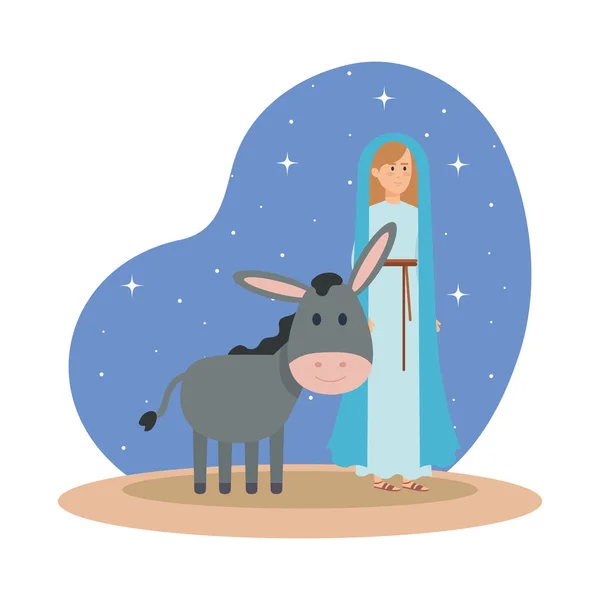 Vierge Marie Mignonne Avec Mule Sur Conception Illustration Vectorielle Nuit — Image vectorielle