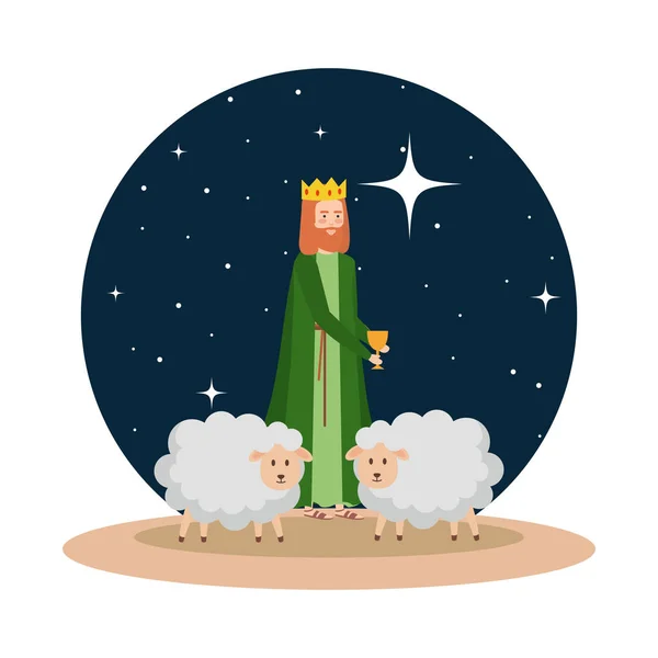 Homme Sage Avec Des Moutons Sur Illustration Vectorielle Nuit — Image vectorielle