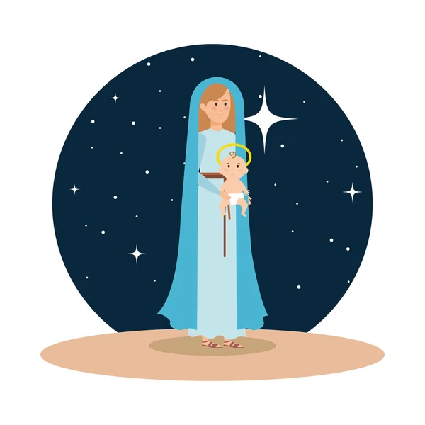 Mary Maagd Met Baby Jezus Nacht Vector Illustratie Ontwerp — Stockvector