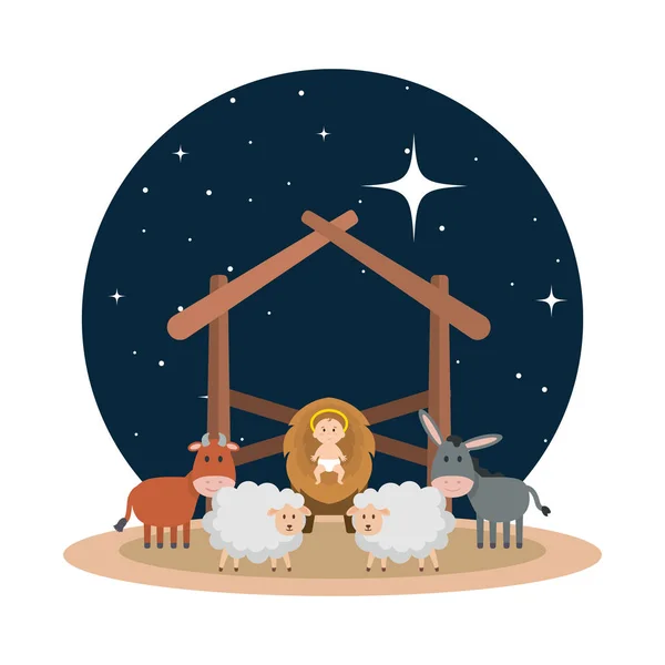Jesus Bebê Estábulo Com Ovinos Animais Desenho Ilustração Vetorial —  Vetores de Stock