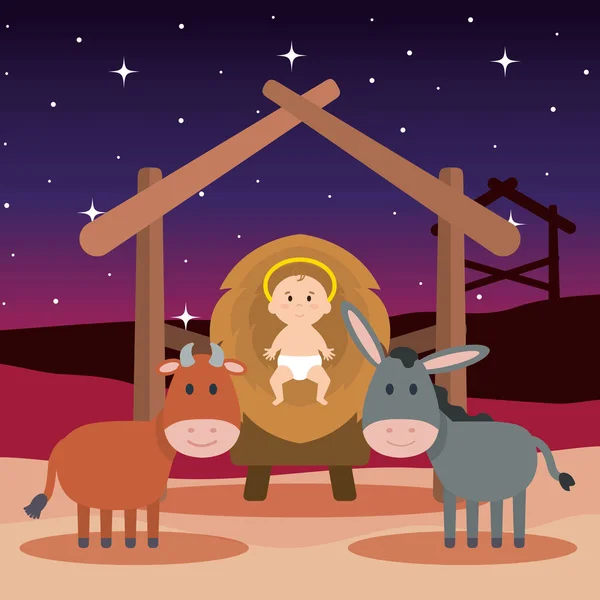 Baby Jezus Stal Met Vector Illustratie Muilezel Design — Stockvector