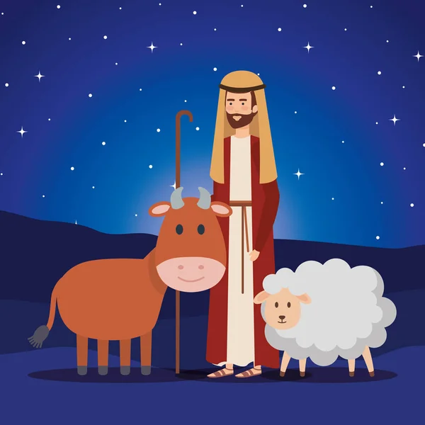 Sint Jozef Met Schapen Nacht Vector Illustratie Ontwerp — Stockvector