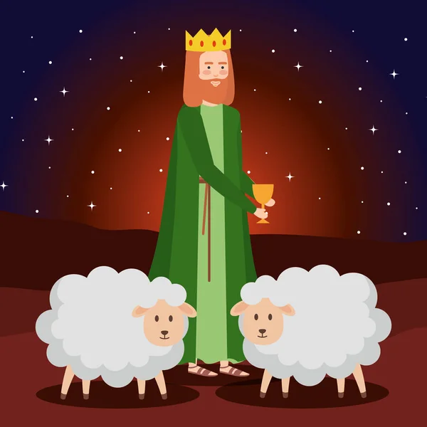 Wise Man Sheeps Night Vector Illustration Design — Stock Vector