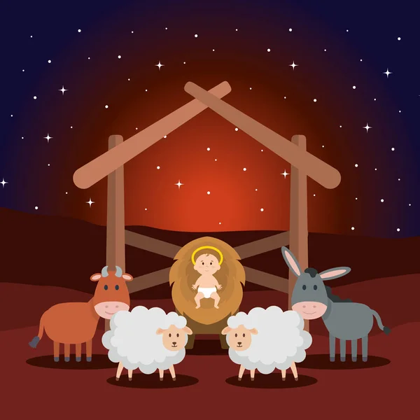 Bebé Jesus Establo Con Ovejas Animales Vector Ilustración Diseño — Vector de stock