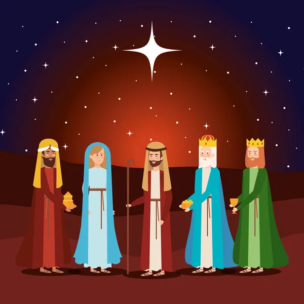 Wise Kings Mary Joseph Manger Characters Vector Illustration — Stock Vector