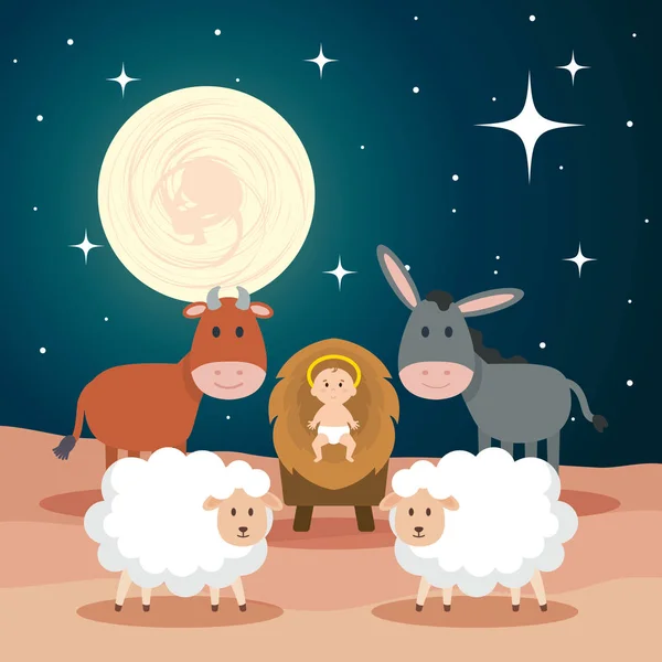 Jesus Bebê Estábulo Com Ovinos Animais Desenho Ilustração Vetorial —  Vetores de Stock