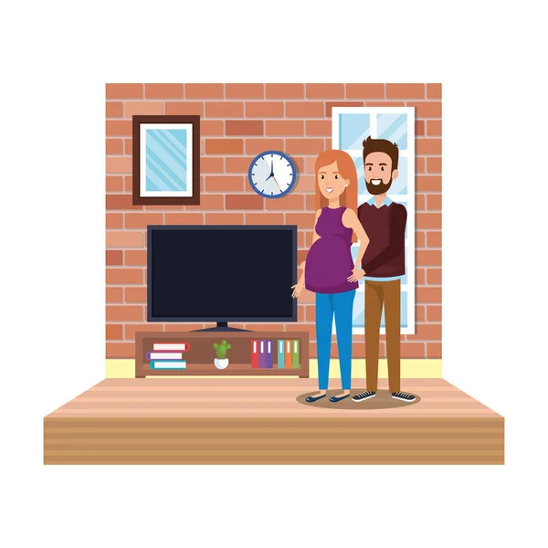 Couple House Television Room Scene Vector Illustration Design — Stock Vector