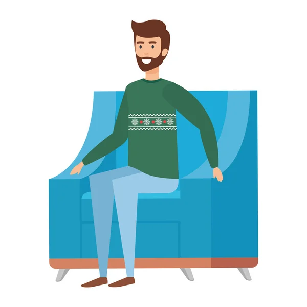 Hombre Sentado Sofá Con Navidad Suéter Vector Ilustración Diseño — Archivo Imágenes Vectoriales