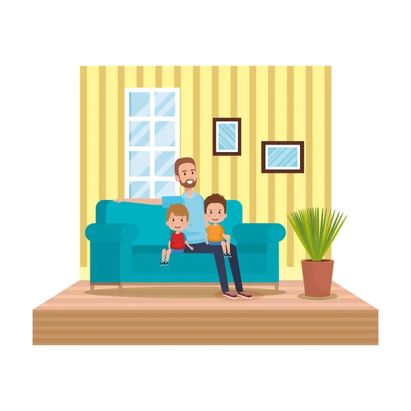 Father Sons Livingroom Vector Illustration Design — Stock Vector