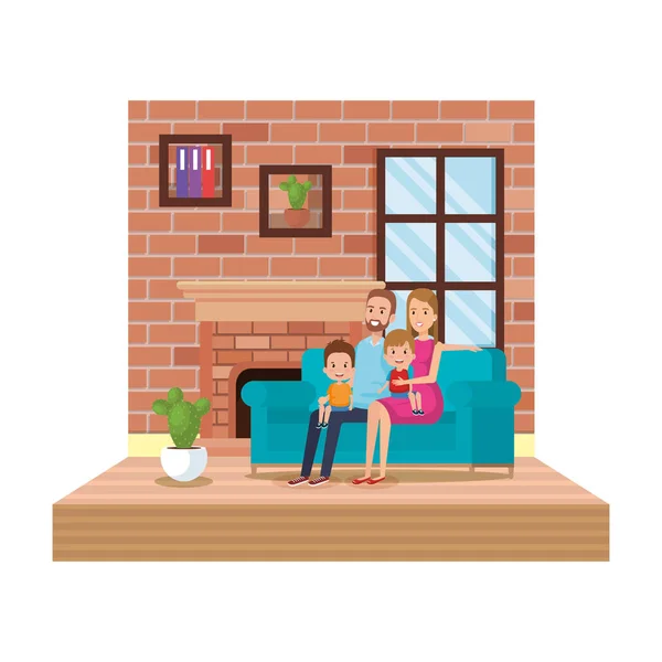 Rodiče Dětmi Obývacím Pokoji Vektorové Ilustrace Designu — Stockový vektor