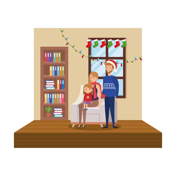 Padres Con Hija Sala Estar Con Vector Decoración Navidad — Vector de stock