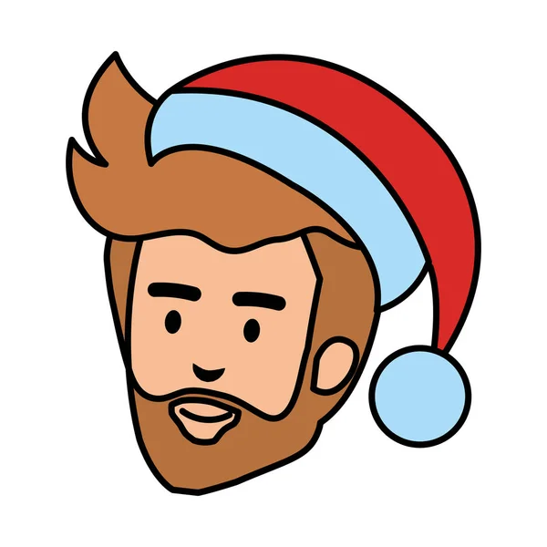 Testa Giovane Uomo Con Barba Cappello Babbo Natale Disegno Illustrazione — Vettoriale Stock