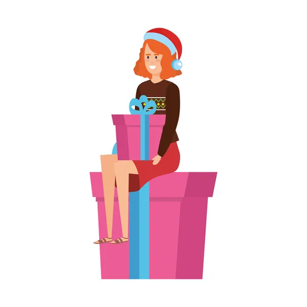 Woman Sitting Gift Christmas Clothes Vector Illustration Design — Stock Vector