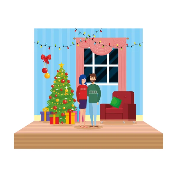 Paar Wohnzimmer Mit Weihnachtsdekoration Vektor Illustration Design — Stockvektor