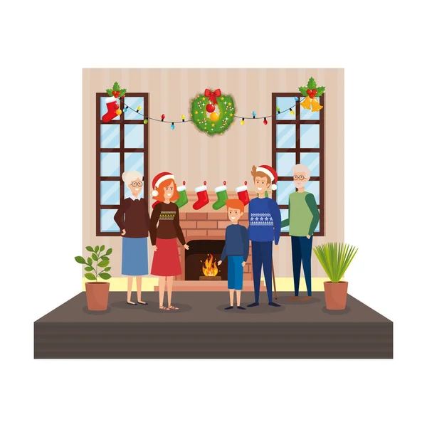 Family Livingroom Christmas Decoration Vector Illustration Design — Stock Vector