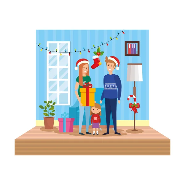 Parents Avec Fille Dans Salon Avec Vecteur Décoration Noël — Image vectorielle