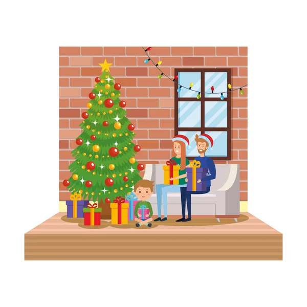 Parents Avec Fils Dans Salon Avec Vecteur Décoration Noël — Image vectorielle