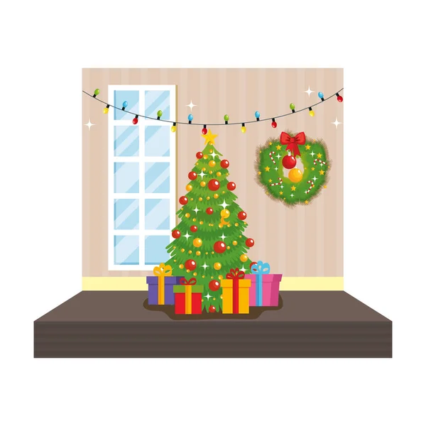 Woonkamer Met Kerst Decoratie Scène Vector Illustratie Ontwerp — Stockvector