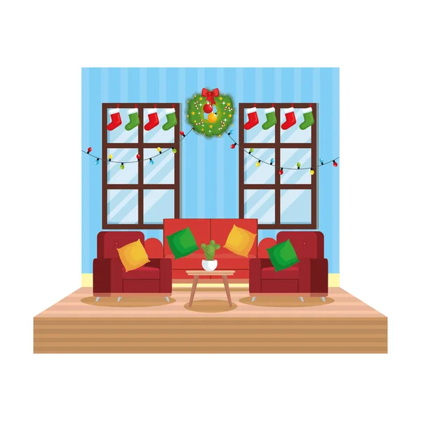 Wohnzimmer Mit Weihnachtsdekoration Szene Vektor Illustration Design — Stockvektor