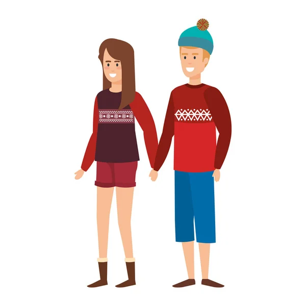 Jeune Couple Avec Des Vêtements Hiver Vecteur Illustration Design — Image vectorielle
