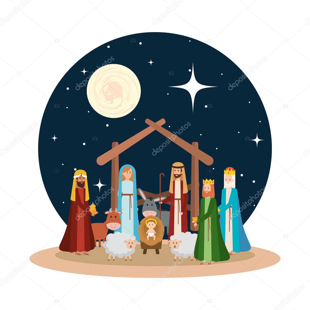 holy family with wise kings and animals vector illustration design