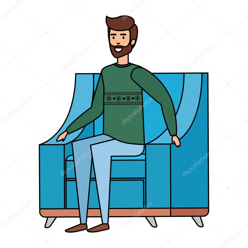 man sitting in sofa with christmas sweater vector illustration design