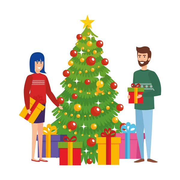 Paar Mit Weihnachtsbaum Und Geschenken Vektor Illustration Design — Stockvektor