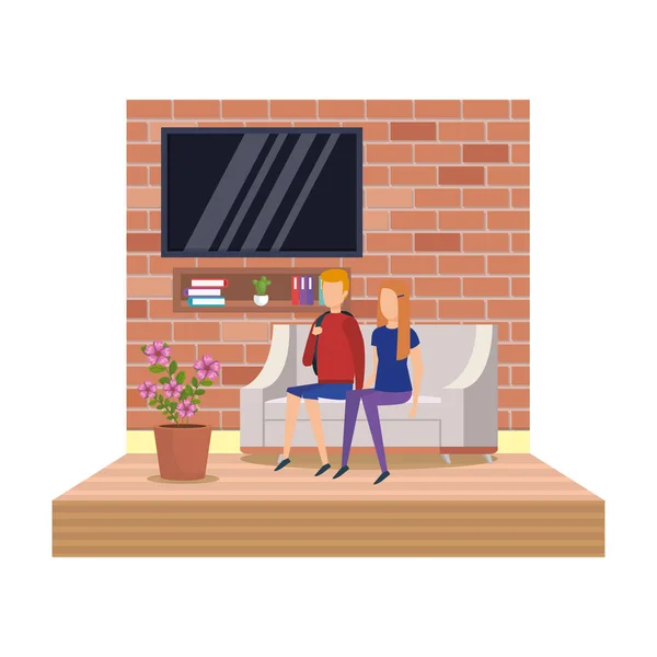 Couple Television Room Scene Vector Illustration Design — Stock Vector