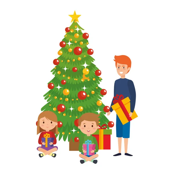 Little Kids Winter Clothes Christmas Tree Vector Illustration Design — Stock Vector