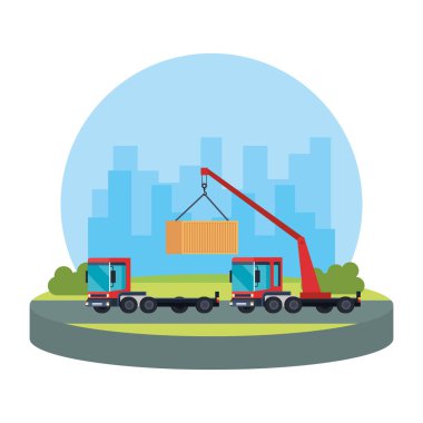 Kamyon vinç konteyner lojistik hizmet vektör çizim tasarım kaldırma