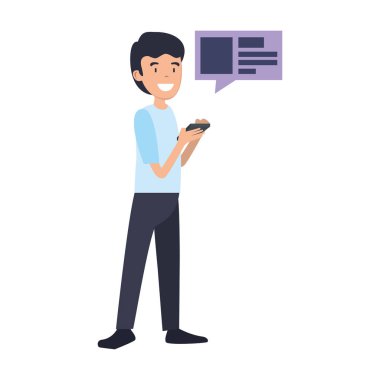 konuşma balonu vektör çizim tasarım ile Smartphone kullanarak iş adamı