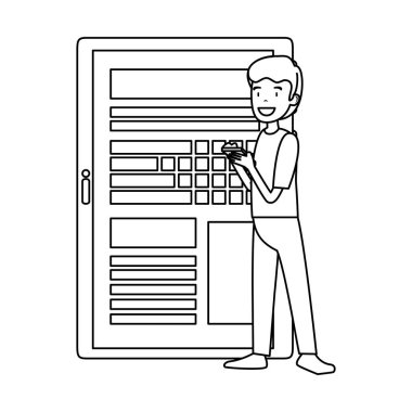 Smartphone ve tablet vektör çizim tasarım kullanarak iş adamı