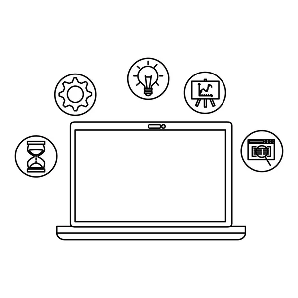 Computer Portatile Con Set Icone Aziendali Disegno Illustrazione Vettoriale — Vettoriale Stock