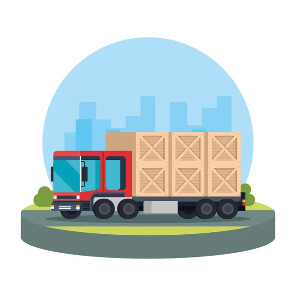 Delivery Service Truck Wooden Boxes Vector Illustration Design — Stock Vector