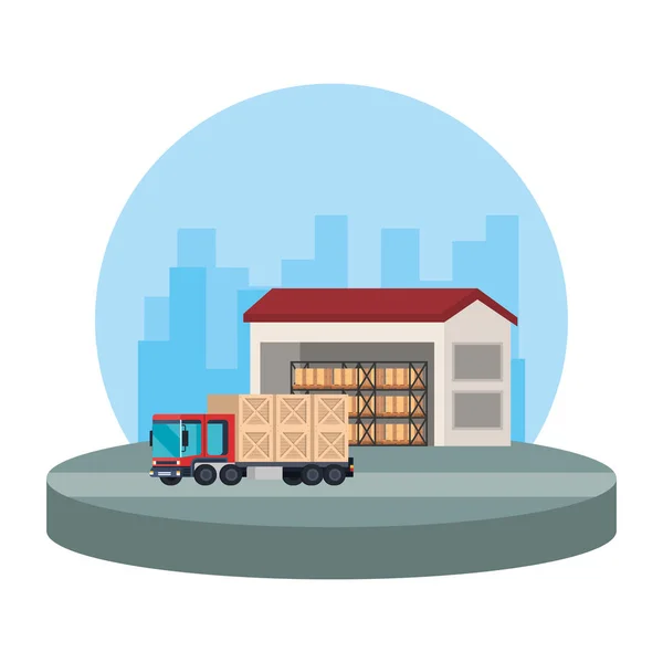 Delivery Truck Wooden Boxes Warehouse Vector Illustration Design — Stock Vector