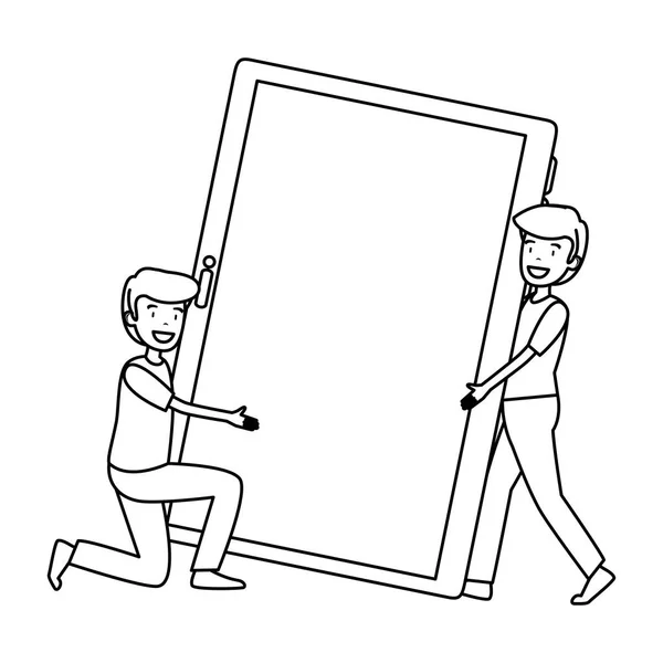Travail Équipe Personnes Soulevant Tablette Vecteur Illustration Conception — Image vectorielle
