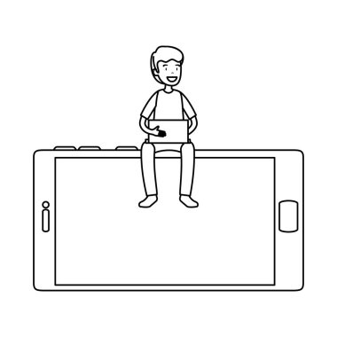 işadamı dizüstü akıllı telefon vektör çizim tasarım ile kullanma